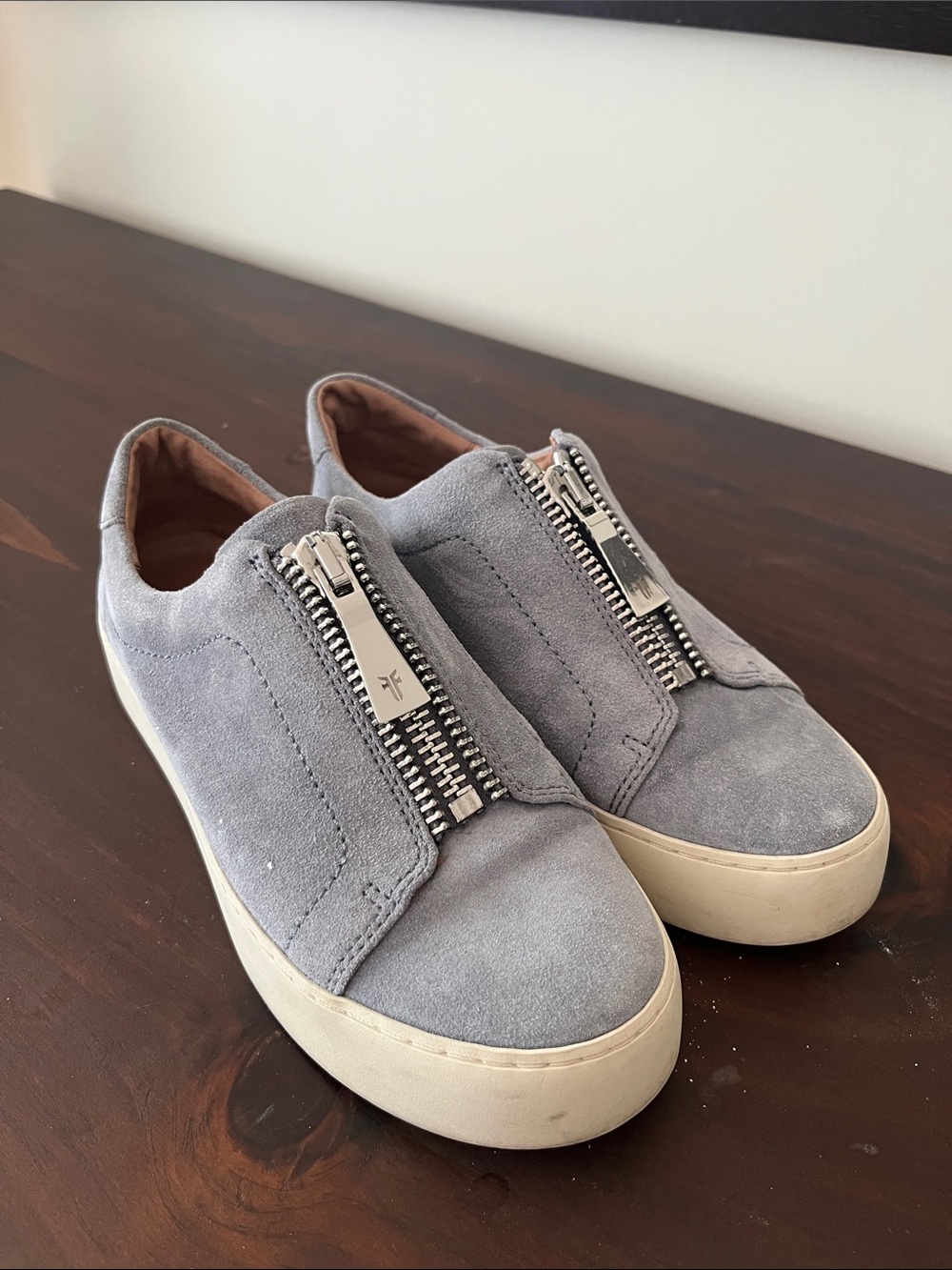 FRYE Slip-On Suede Sneakers with Front Zipper - light blue/grey